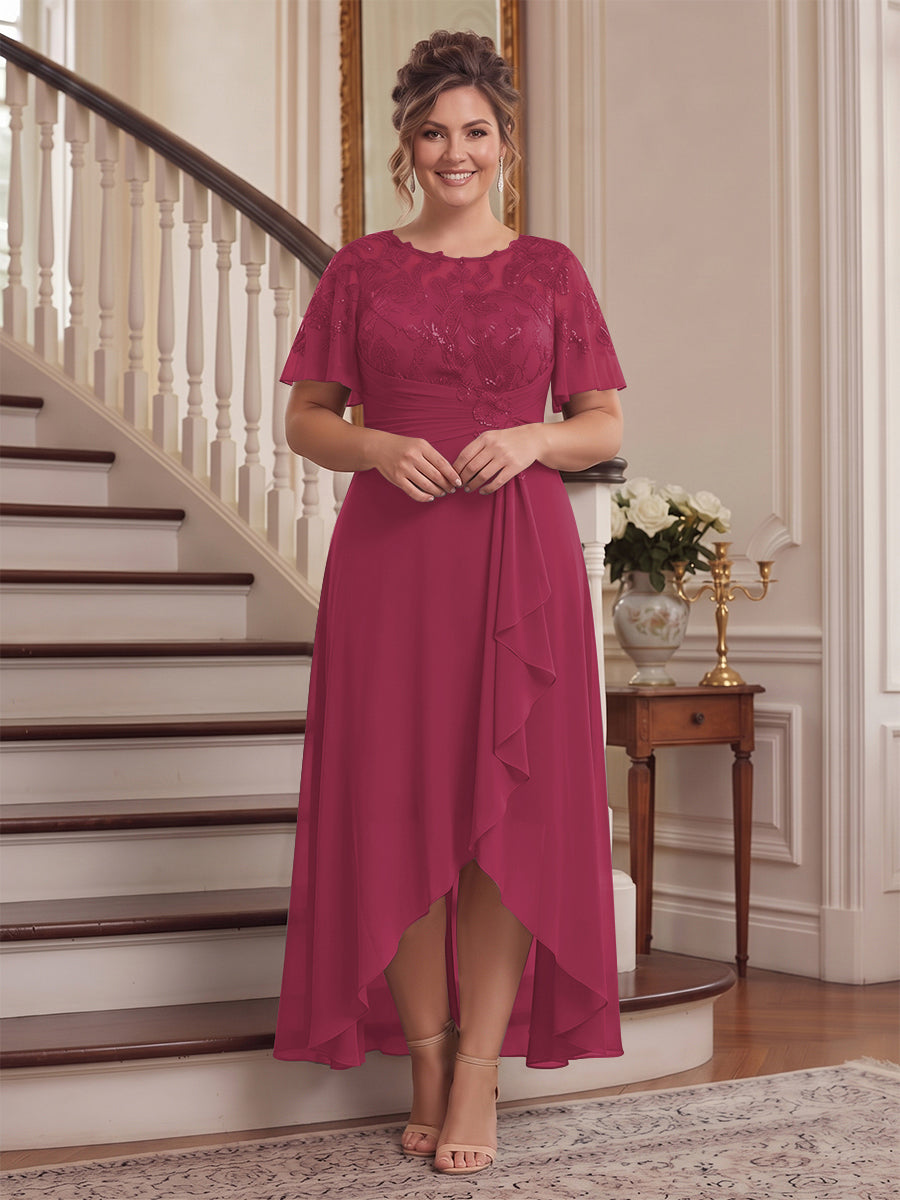 A-Line/Princess Scoop Flutter Sleeves Asymmetrical Plus Size Mother of the Bride Dresses with Sequins &amp; Ruffles
