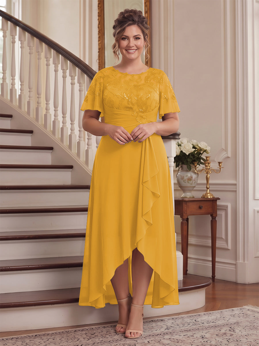 A-Line/Princess Scoop Flutter Sleeves Asymmetrical Plus Size Mother of the Bride Dresses with Sequins &amp; Ruffles