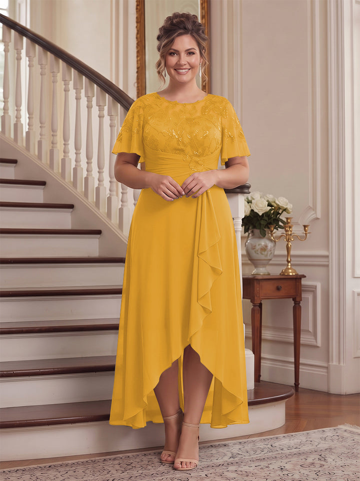 A-Line/Princess Scoop Flutter Sleeves Asymmetrical Plus Size Mother of the Bride Dresses with Sequins &amp; Ruffles