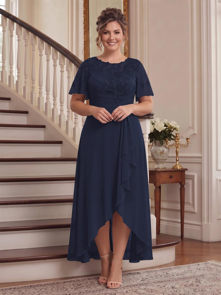 A-Line/Princess Scoop Flutter Sleeves Asymmetrical Plus Size Mother of the Bride Dresses with Sequins &amp; Ruffles
