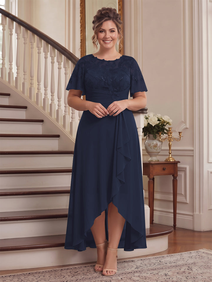 A-Line/Princess Scoop Flutter Sleeves Asymmetrical Plus Size Mother of the Bride Dresses with Sequins &amp; Ruffles