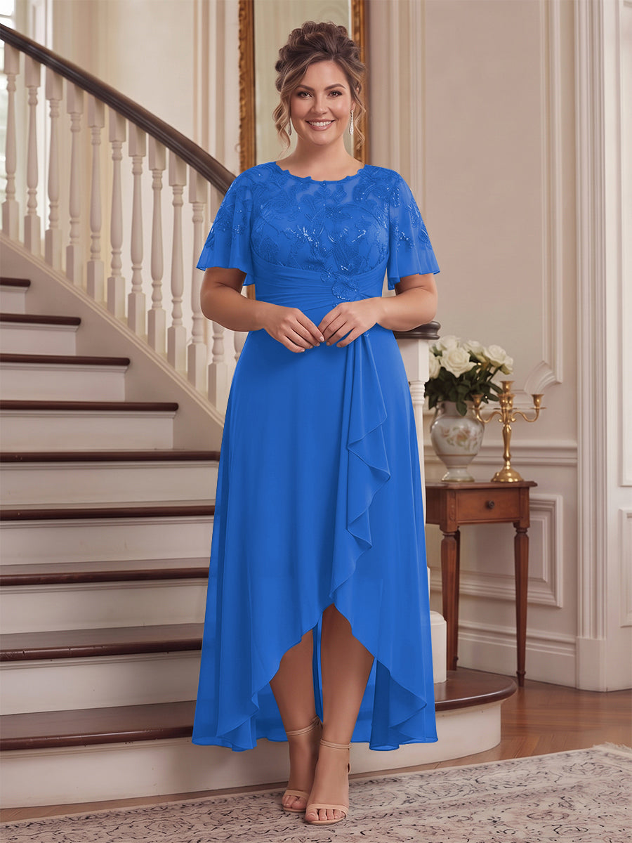 A-Line/Princess Scoop Flutter Sleeves Asymmetrical Plus Size Mother of the Bride Dresses with Sequins &amp; Ruffles