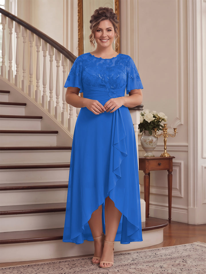 A-Line/Princess Scoop Flutter Sleeves Asymmetrical Plus Size Mother of the Bride Dresses with Sequins &amp; Ruffles