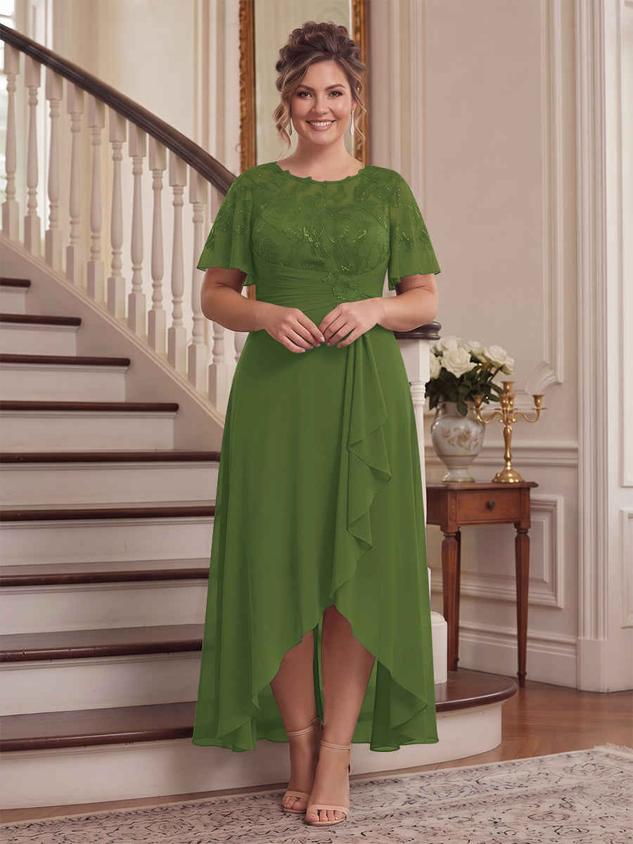 A-Line/Princess Scoop Flutter Sleeves Asymmetrical Plus Size Mother of the Bride Dresses with Sequins &amp; Ruffles