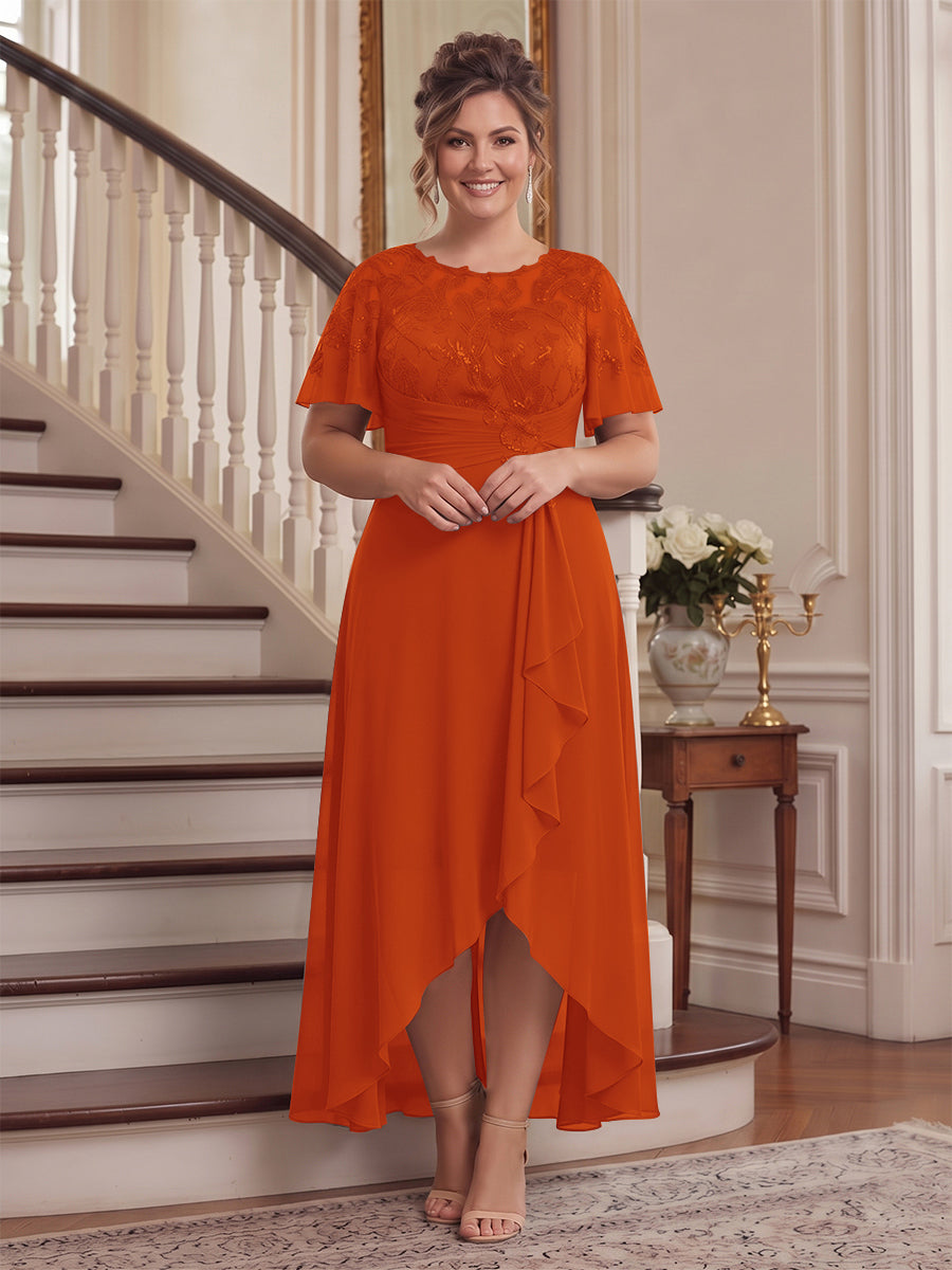 A-Line/Princess Scoop Flutter Sleeves Asymmetrical Plus Size Mother of the Bride Dresses with Sequins &amp; Ruffles