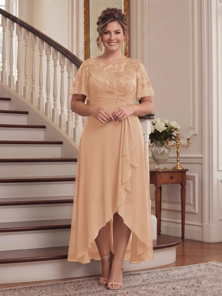 A-Line/Princess Scoop Flutter Sleeves Asymmetrical Plus Size Mother of the Bride Dresses with Sequins &amp; Ruffles