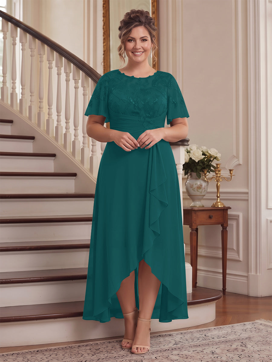 A-Line/Princess Scoop Flutter Sleeves Asymmetrical Plus Size Mother of the Bride Dresses with Sequins &amp; Ruffles