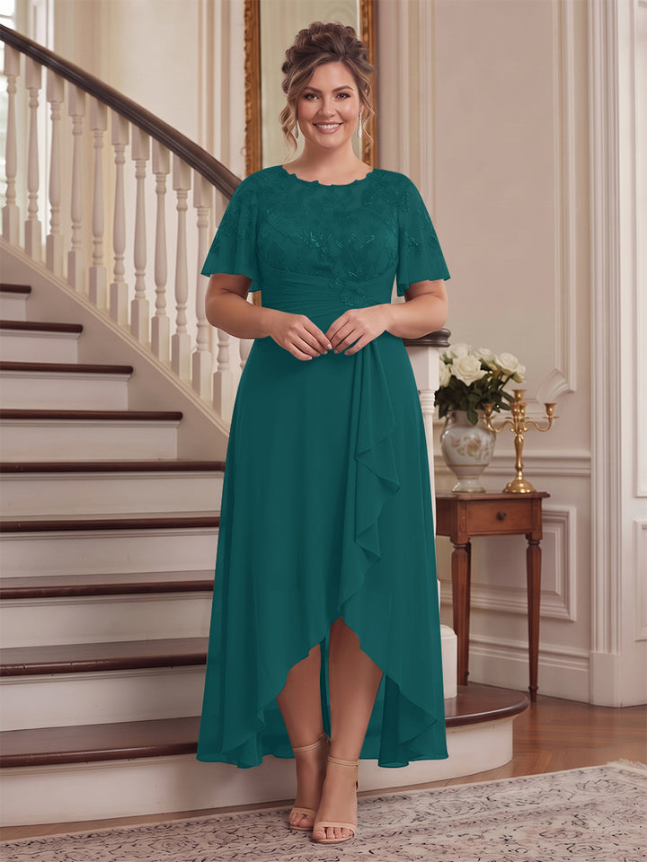 A-Line/Princess Scoop Flutter Sleeves Asymmetrical Plus Size Mother of the Bride Dresses with Sequins &amp; Ruffles
