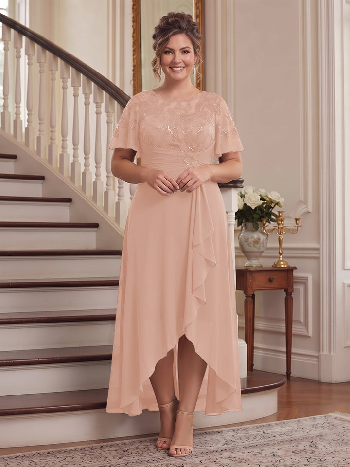 A-Line/Princess Scoop Flutter Sleeves Asymmetrical Plus Size Mother of the Bride Dresses with Sequins &amp; Ruffles