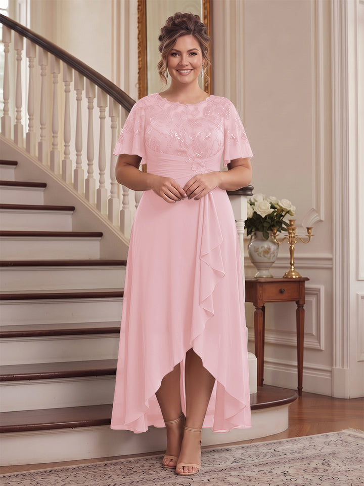 A-Line/Princess Scoop Flutter Sleeves Asymmetrical Plus Size Mother of the Bride Dresses with Sequins &amp; Ruffles