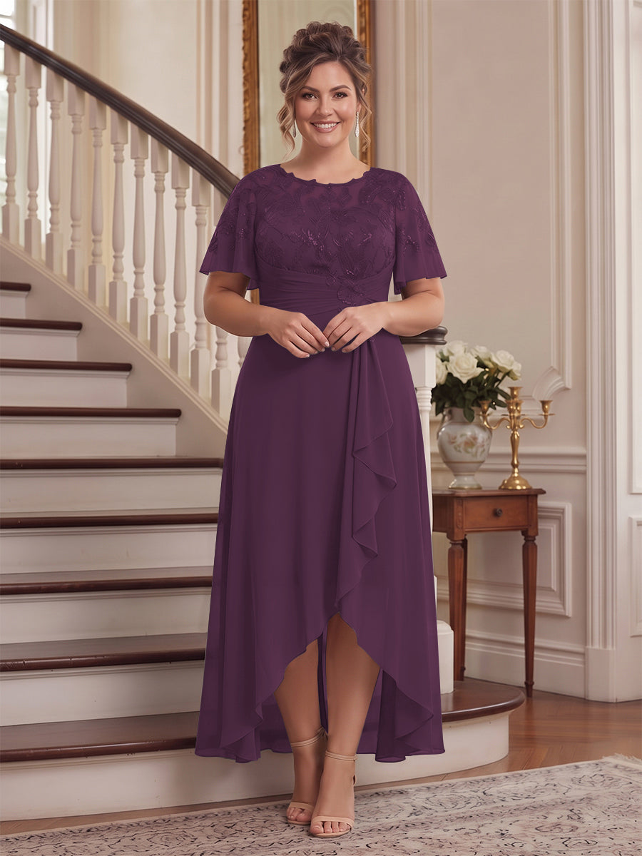 A-Line/Princess Scoop Flutter Sleeves Asymmetrical Plus Size Mother of the Bride Dresses with Sequins &amp; Ruffles