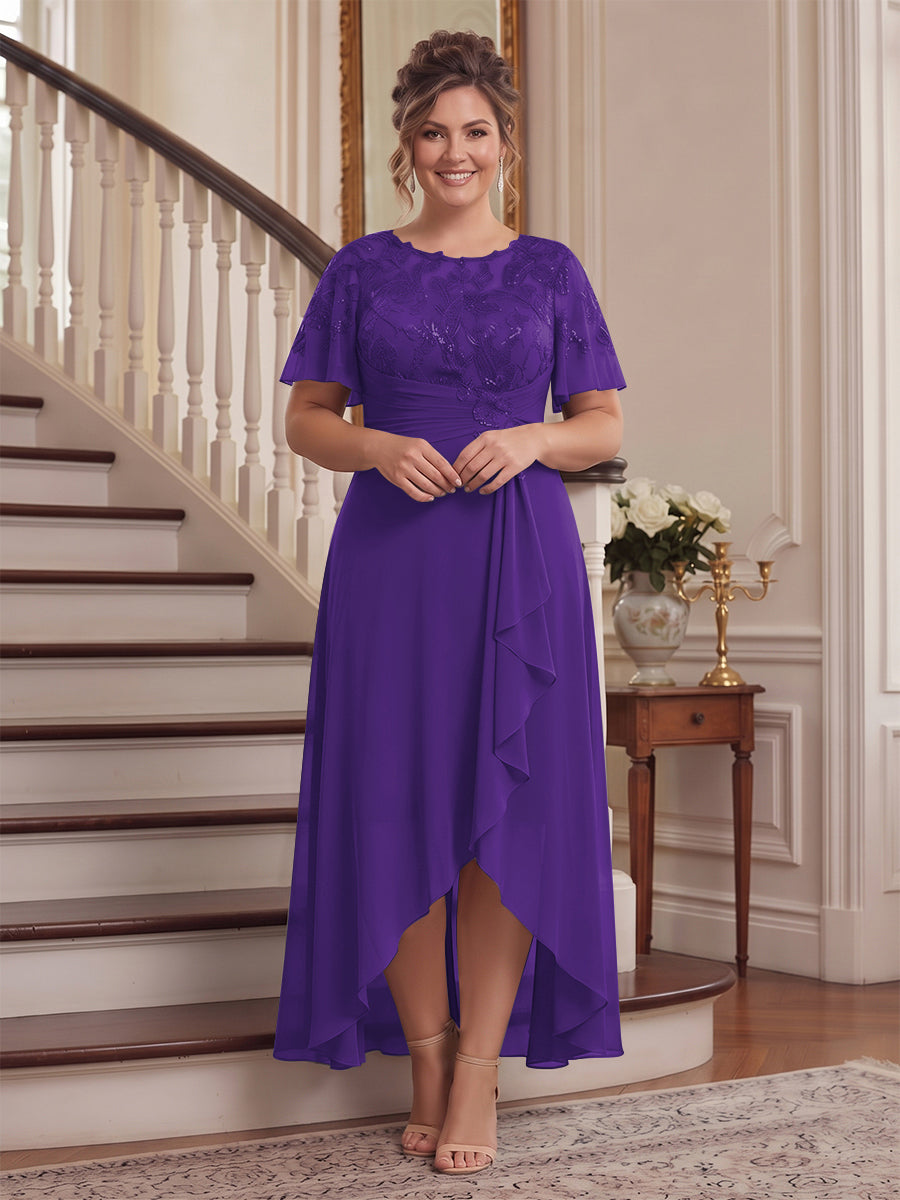 A-Line/Princess Scoop Flutter Sleeves Asymmetrical Plus Size Mother of the Bride Dresses with Sequins &amp; Ruffles