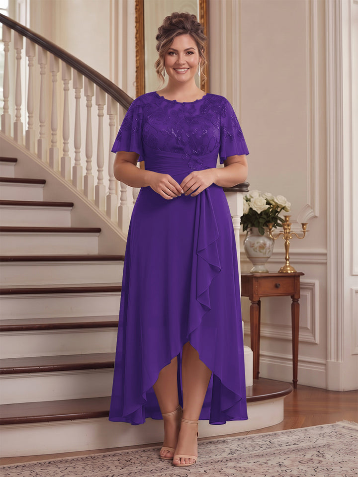 A-Line/Princess Scoop Flutter Sleeves Asymmetrical Plus Size Mother of the Bride Dresses with Sequins &amp; Ruffles