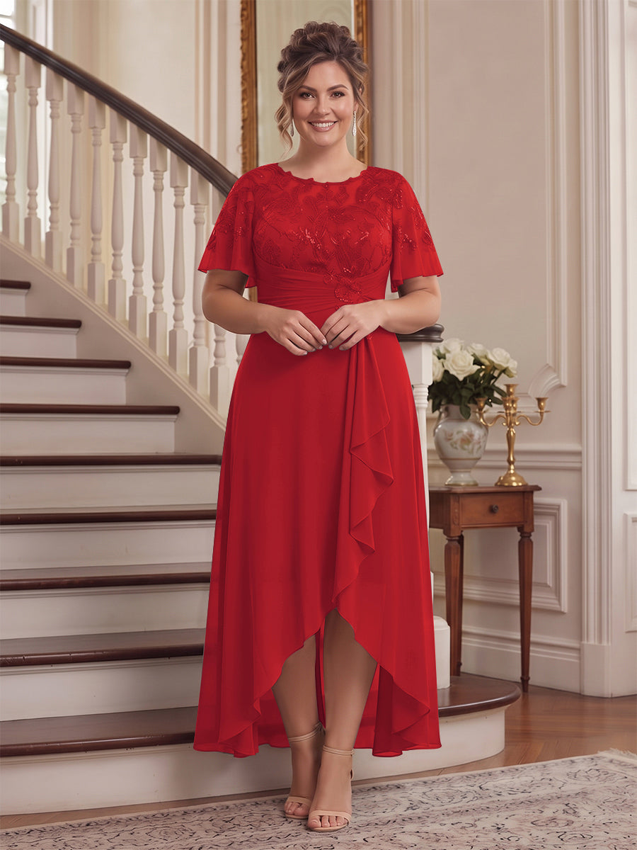 A-Line/Princess Scoop Flutter Sleeves Asymmetrical Plus Size Mother of the Bride Dresses with Sequins &amp; Ruffles