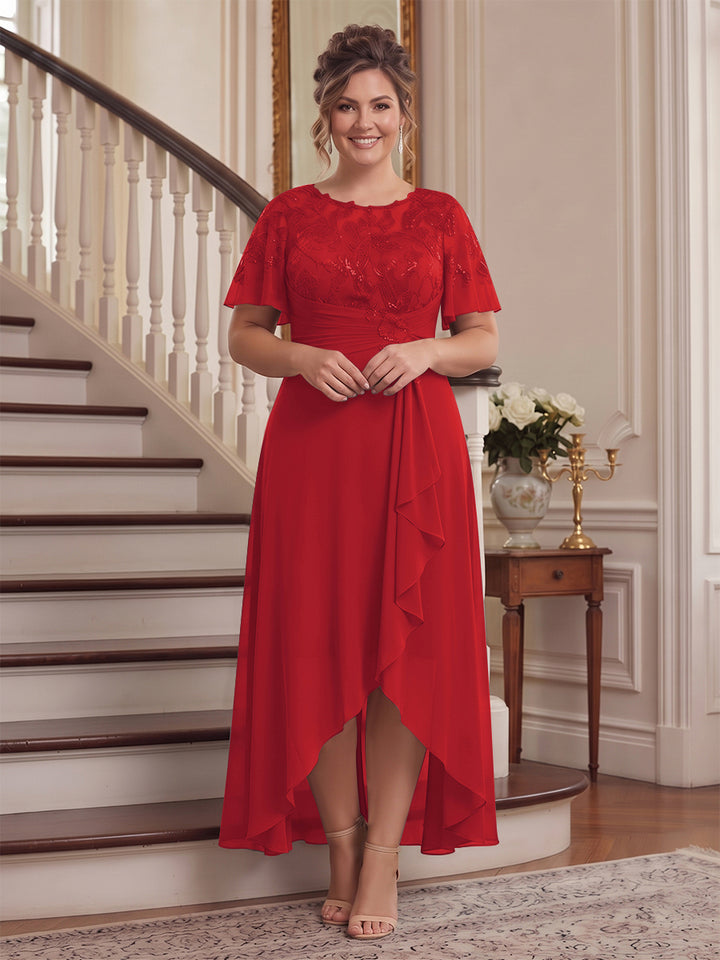 A-Line/Princess Scoop Flutter Sleeves Asymmetrical Plus Size Mother of the Bride Dresses with Sequins &amp; Ruffles
