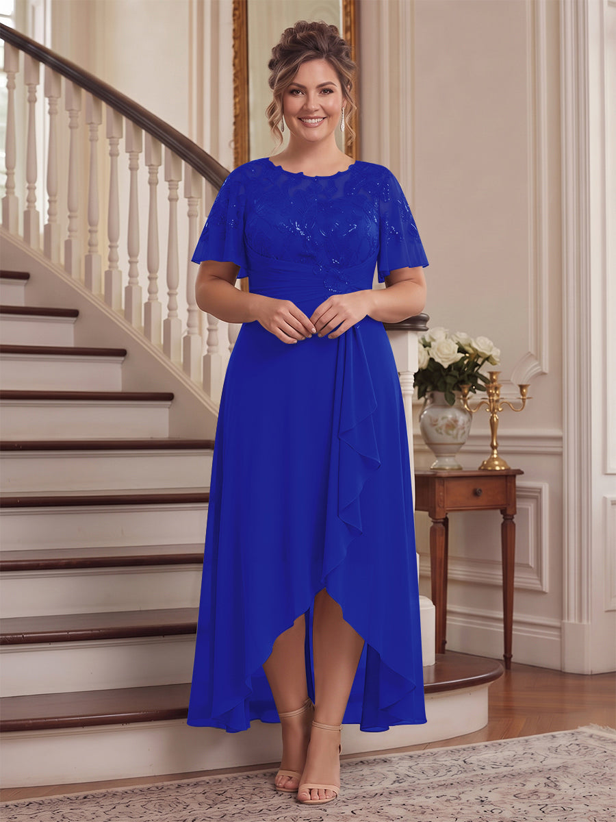 A-Line/Princess Scoop Flutter Sleeves Asymmetrical Plus Size Mother of the Bride Dresses with Sequins &amp; Ruffles