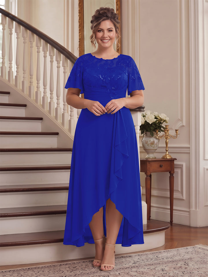 A-Line/Princess Scoop Flutter Sleeves Asymmetrical Plus Size Mother of the Bride Dresses with Sequins &amp; Ruffles