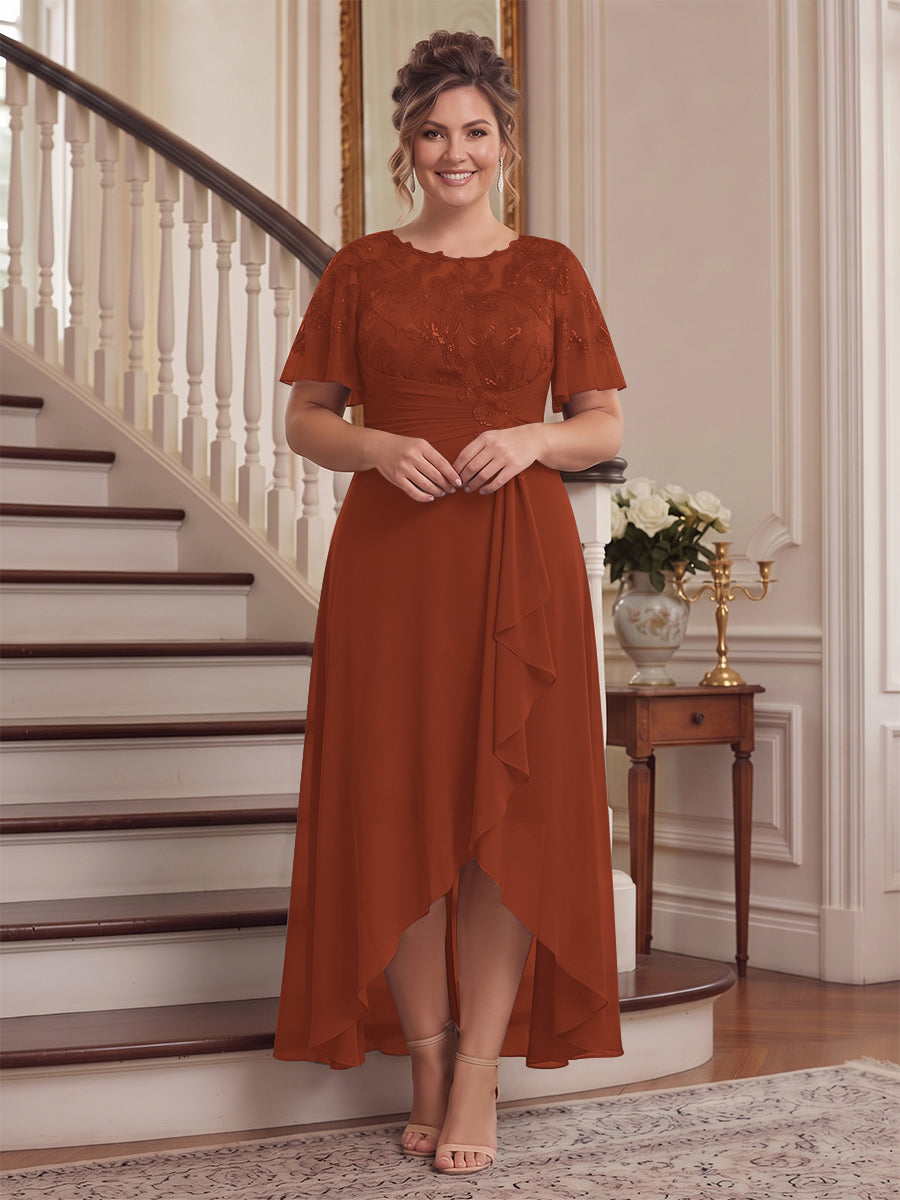 A-Line/Princess Scoop Flutter Sleeves Asymmetrical Plus Size Mother of the Bride Dresses with Sequins &amp; Ruffles