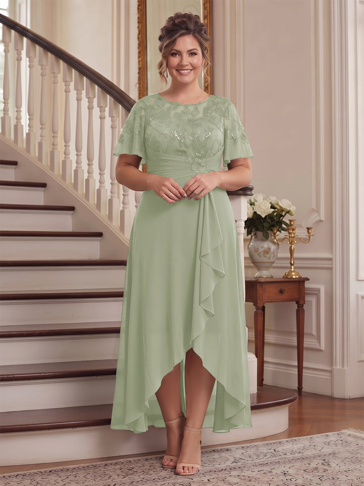 A-Line/Princess Scoop Flutter Sleeves Asymmetrical Plus Size Mother of the Bride Dresses with Sequins &amp; Ruffles