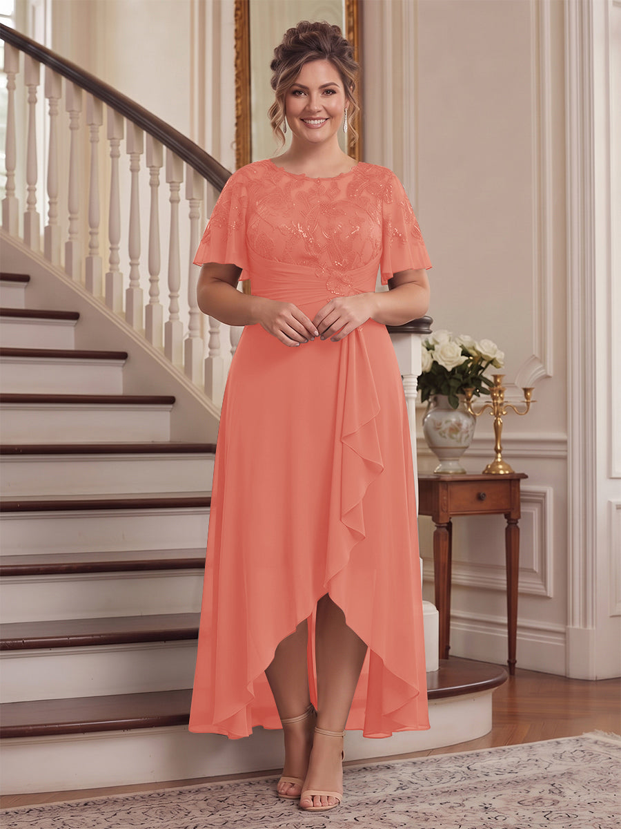 A-Line/Princess Scoop Flutter Sleeves Asymmetrical Plus Size Mother of the Bride Dresses with Sequins &amp; Ruffles