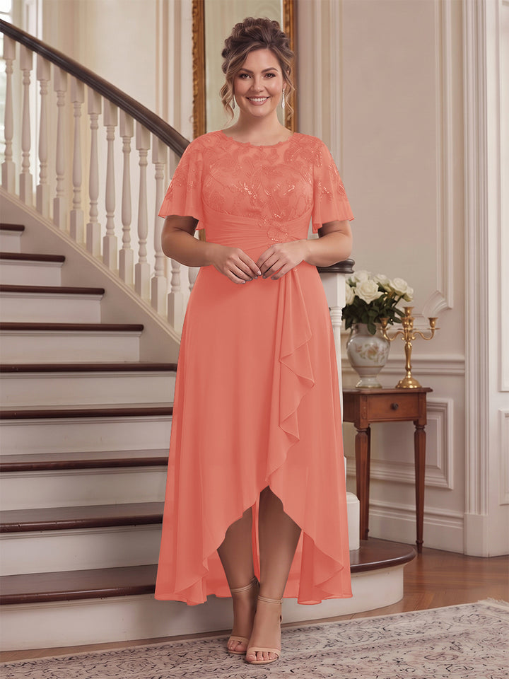 A-Line/Princess Scoop Flutter Sleeves Asymmetrical Plus Size Mother of the Bride Dresses with Sequins &amp; Ruffles