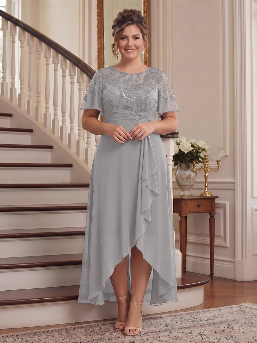 A-Line/Princess Scoop Flutter Sleeves Asymmetrical Plus Size Mother of the Bride Dresses with Sequins &amp; Ruffles