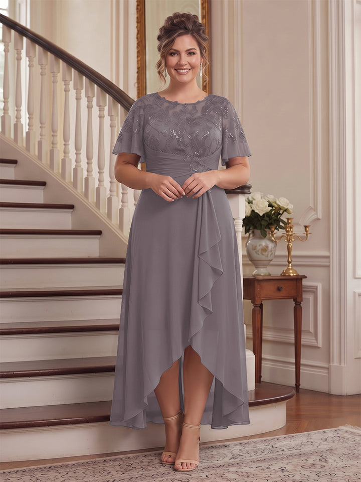 A-Line/Princess Scoop Flutter Sleeves Asymmetrical Plus Size Mother of the Bride Dresses with Sequins &amp; Ruffles