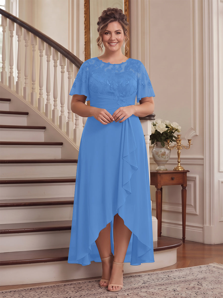 A-Line/Princess Scoop Flutter Sleeves Asymmetrical Plus Size Mother of the Bride Dresses with Sequins &amp; Ruffles
