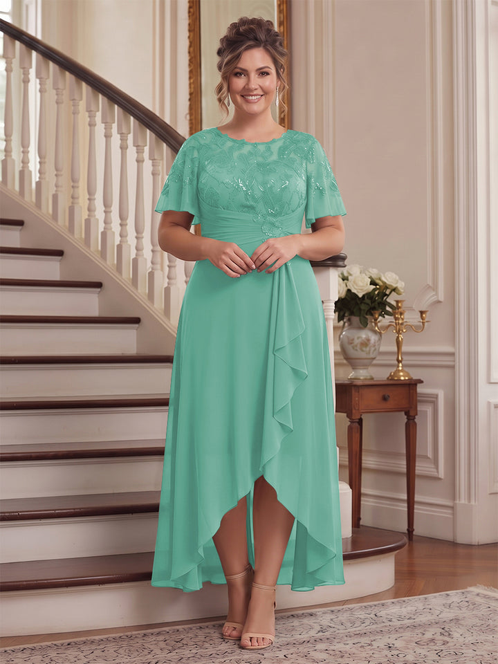 A-Line/Princess Scoop Flutter Sleeves Asymmetrical Plus Size Mother of the Bride Dresses with Sequins &amp; Ruffles