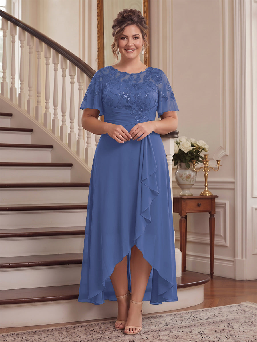 A-Line/Princess Scoop Flutter Sleeves Asymmetrical Plus Size Mother of the Bride Dresses with Sequins &amp; Ruffles