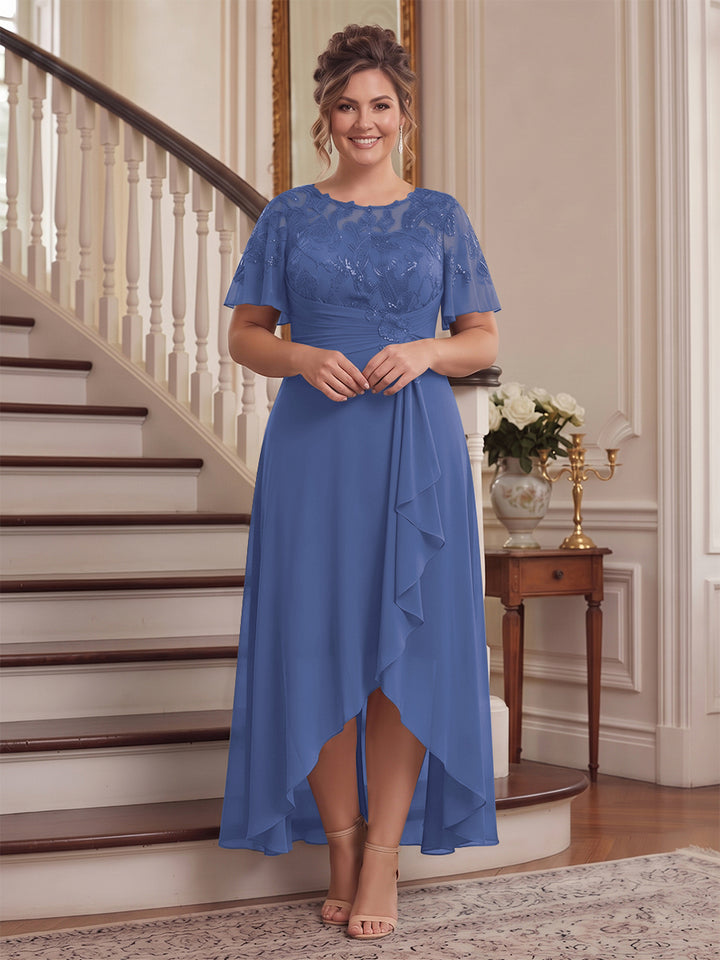 A-Line/Princess Scoop Flutter Sleeves Asymmetrical Plus Size Mother of the Bride Dresses with Sequins &amp; Ruffles