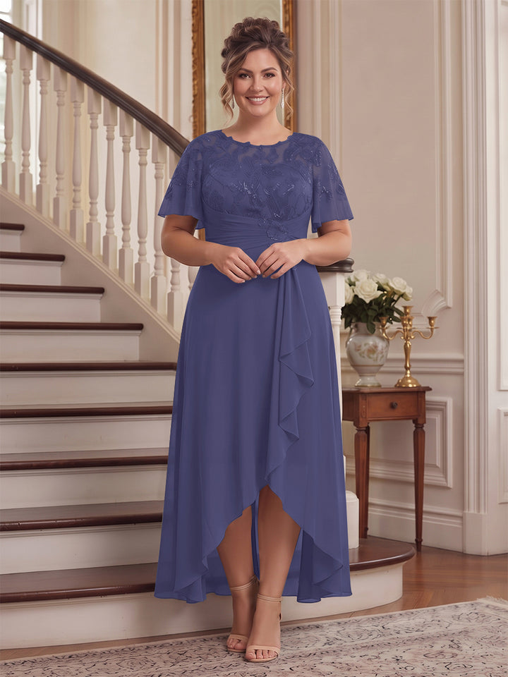 A-Line/Princess Scoop Flutter Sleeves Asymmetrical Plus Size Mother of the Bride Dresses with Sequins &amp; Ruffles