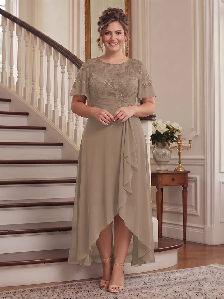 A-Line/Princess Scoop Flutter Sleeves Asymmetrical Plus Size Mother of the Bride Dresses with Sequins &amp; Ruffles