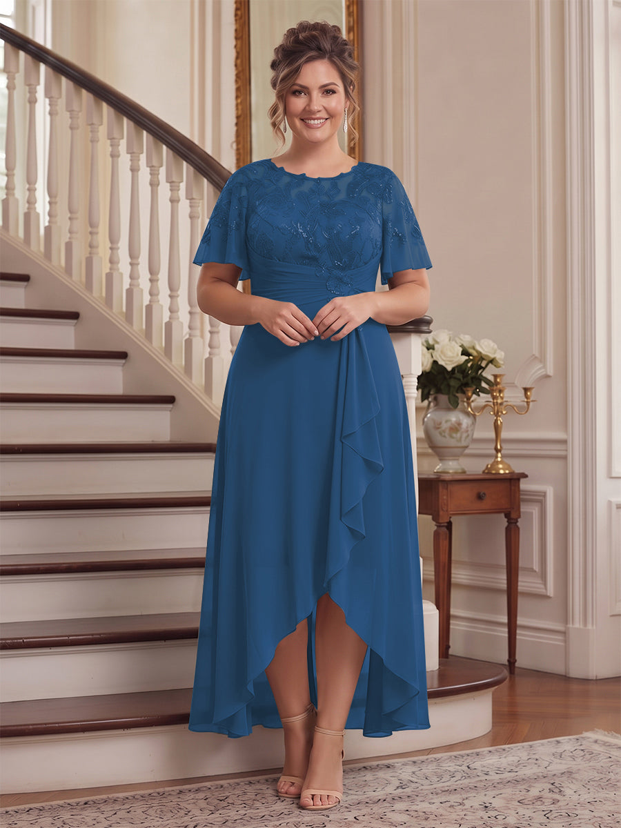 A-Line/Princess Scoop Flutter Sleeves Asymmetrical Plus Size Mother of the Bride Dresses with Sequins &amp; Ruffles
