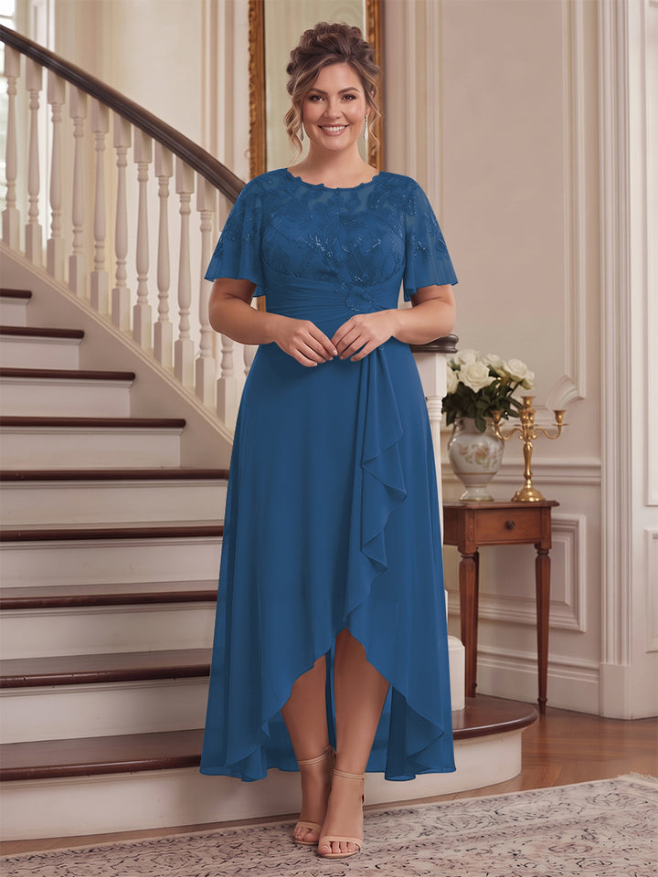 A-Line/Princess Scoop Flutter Sleeves Asymmetrical Plus Size Mother of the Bride Dresses with Sequins &amp; Ruffles