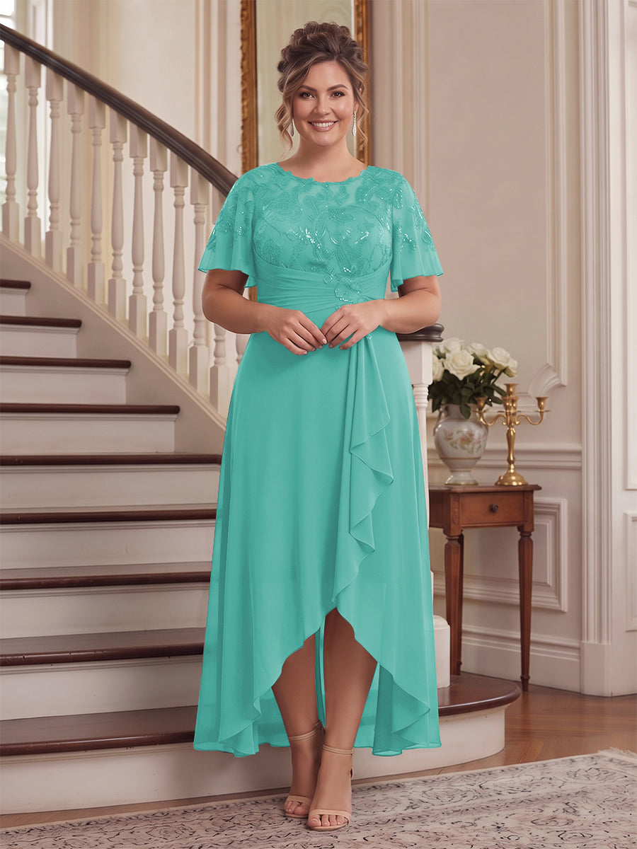 A-Line/Princess Scoop Flutter Sleeves Asymmetrical Plus Size Mother of the Bride Dresses with Sequins &amp; Ruffles