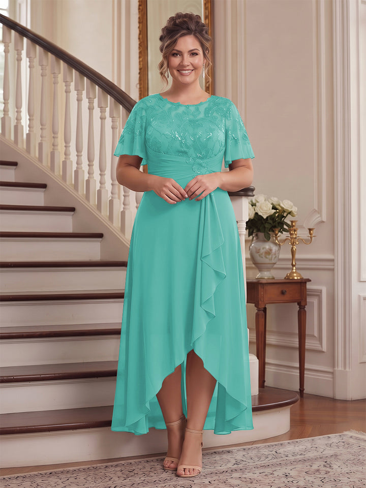 A-Line/Princess Scoop Flutter Sleeves Asymmetrical Plus Size Mother of the Bride Dresses with Sequins &amp; Ruffles