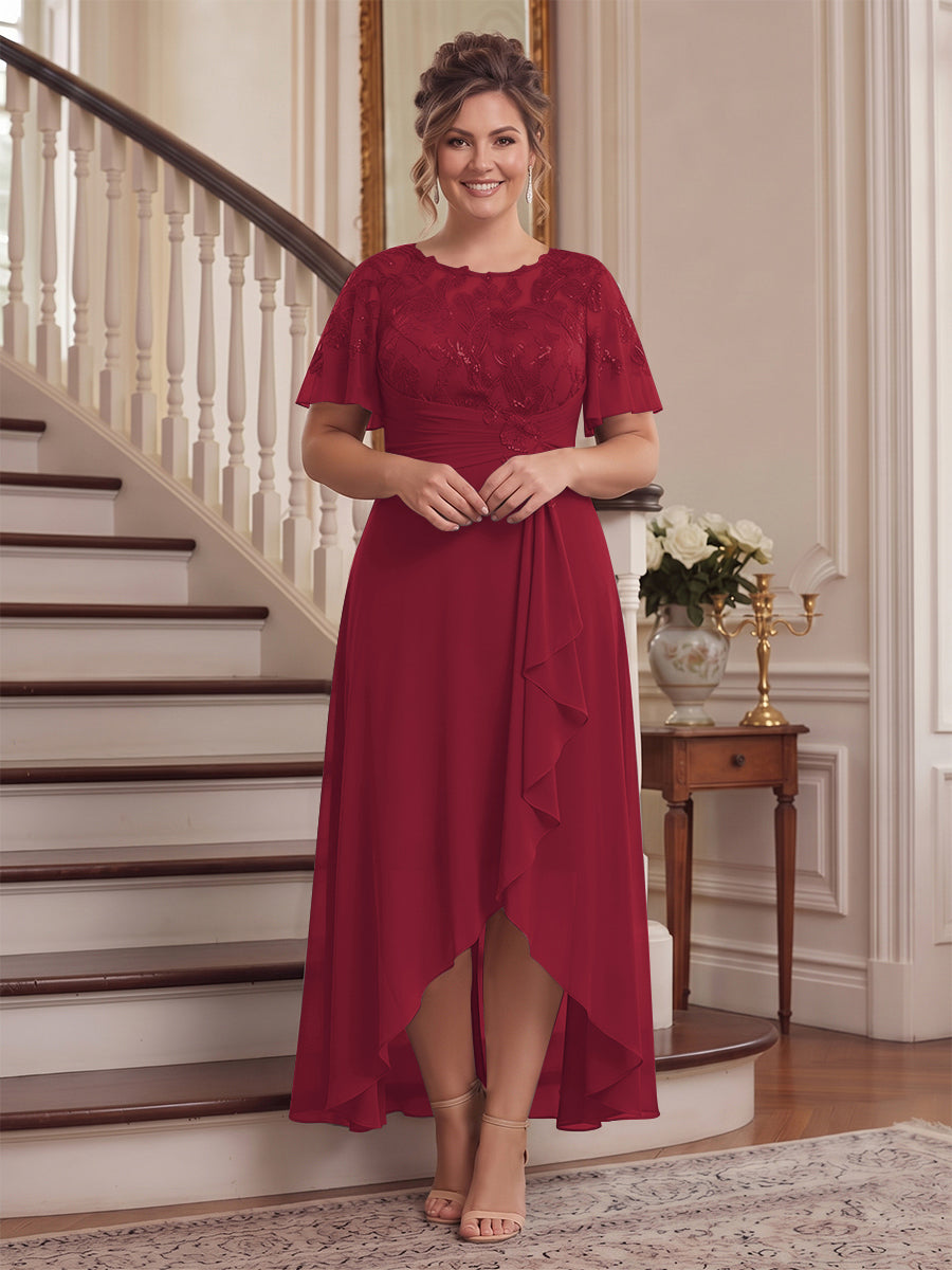 A-Line/Princess Scoop Flutter Sleeves Asymmetrical Plus Size Mother of the Bride Dresses with Sequins &amp; Ruffles
