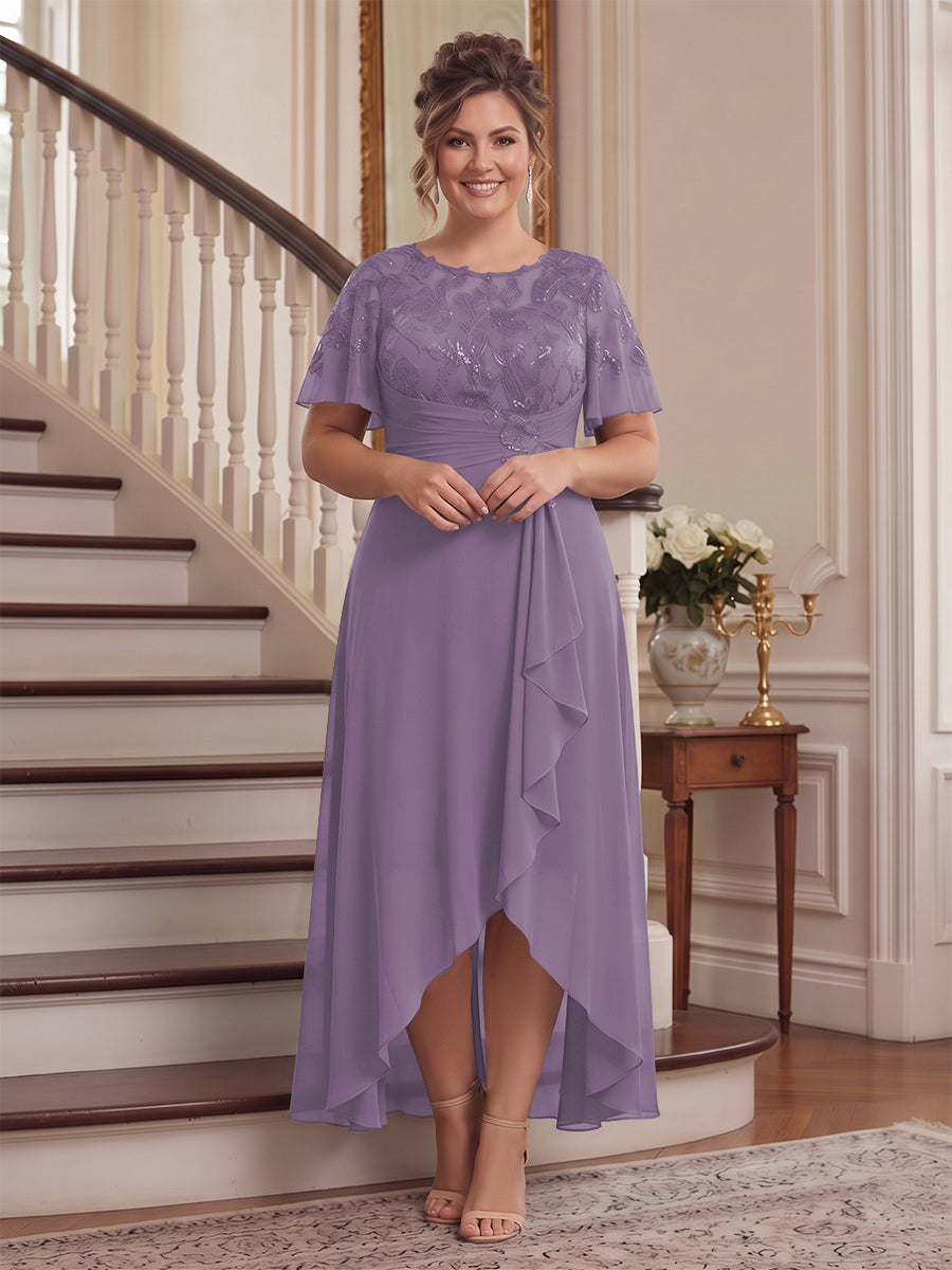 A-Line/Princess Scoop Flutter Sleeves Asymmetrical Plus Size Mother of the Bride Dresses with Sequins &amp; Ruffles