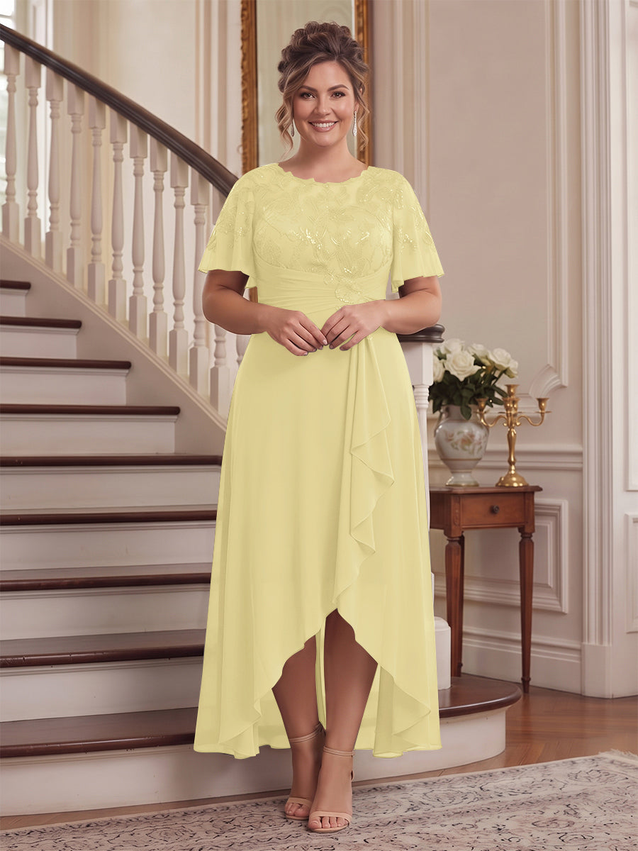 A-Line/Princess Scoop Flutter Sleeves Asymmetrical Plus Size Mother of the Bride Dresses with Sequins &amp; Ruffles
