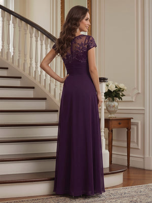 A-Line/Princess V-neck Cap Sleeves Floor-Length Mother of the Bride Dresses with Appliqued & Pleats