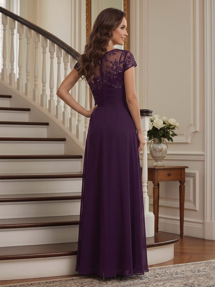 A-Line/Princess V-neck Cap Sleeves Floor-Length Mother of the Bride Dresses with Appliqued &amp; Pleats