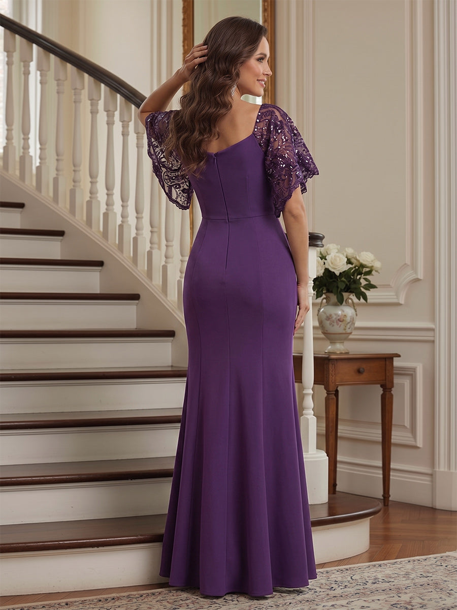 Trumpet/Mermaid V Neck Flutter Sleeves Floor-Length Mother of the Bride Dresses with Applique