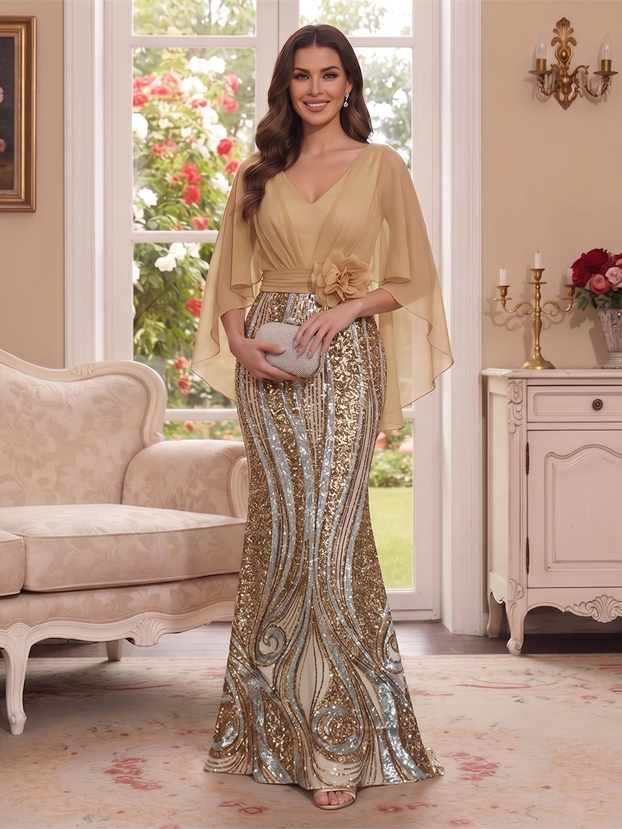 Trumpet/Mermaid V Neck Half Sleeves Floor-Length Mother of the Bride Dresses with Cape &amp; 3D Floral