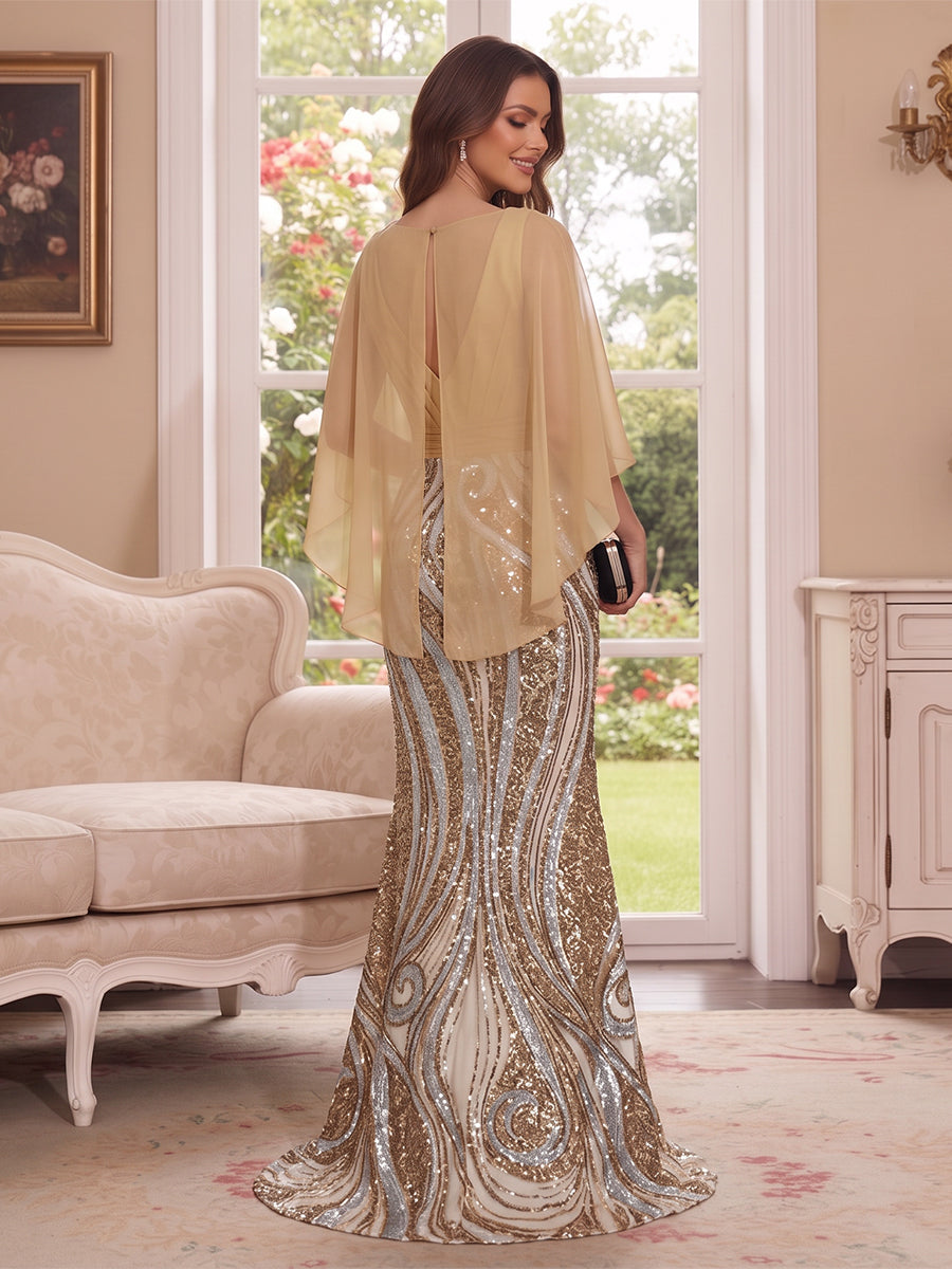 Trumpet/Mermaid V Neck Half Sleeves Floor-Length Mother of the Bride Dresses with Cape &amp; 3D Floral
