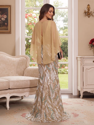 Trumpet/Mermaid V Neck Half Sleeves Floor-Length Mother of the Bride Dresses with Cape & 3D Floral