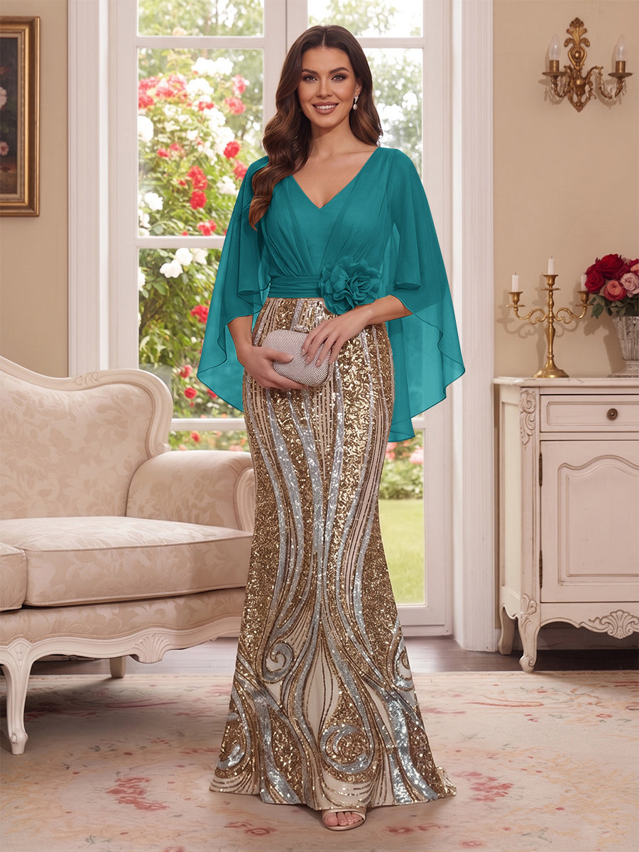 Trumpet/Mermaid V Neck Half Sleeves Floor-Length Mother of the Bride Dresses with Cape &amp; 3D Floral