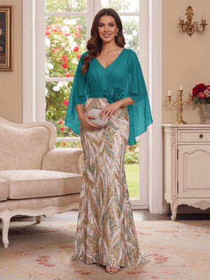 Trumpet/Mermaid V Neck Half Sleeves Floor-Length Mother of the Bride Dresses with Cape & 3D Floral