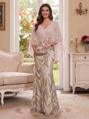 Trumpet/Mermaid V Neck Half Sleeves Floor-Length Mother of the Bride Dresses with Cape & 3D Floral