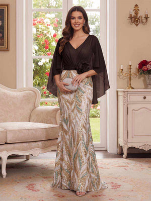 Trumpet/Mermaid V Neck Half Sleeves Floor-Length Mother of the Bride Dresses with Cape & 3D Floral